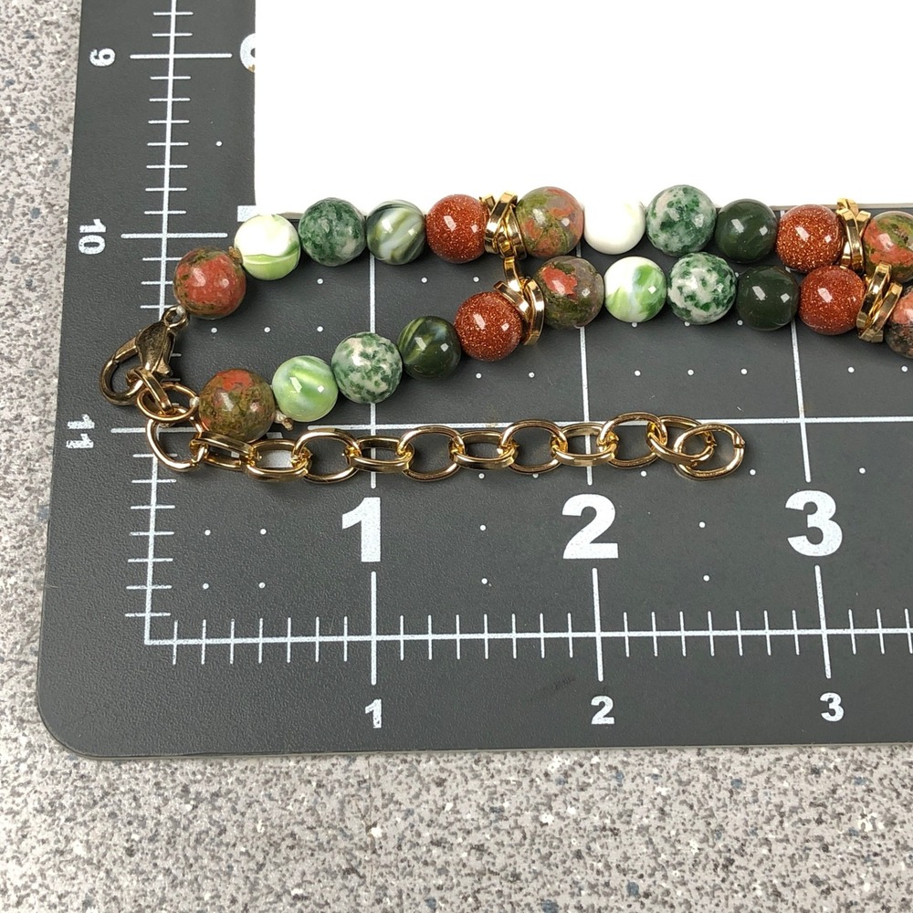 Natural Stone Beads Jewelry Set Unakite Green Jasper Goldstone Gold Tone Spacers - Picture 11 of 11